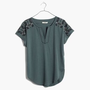 Madewell Olive Green Slit Neck Embroidered Top